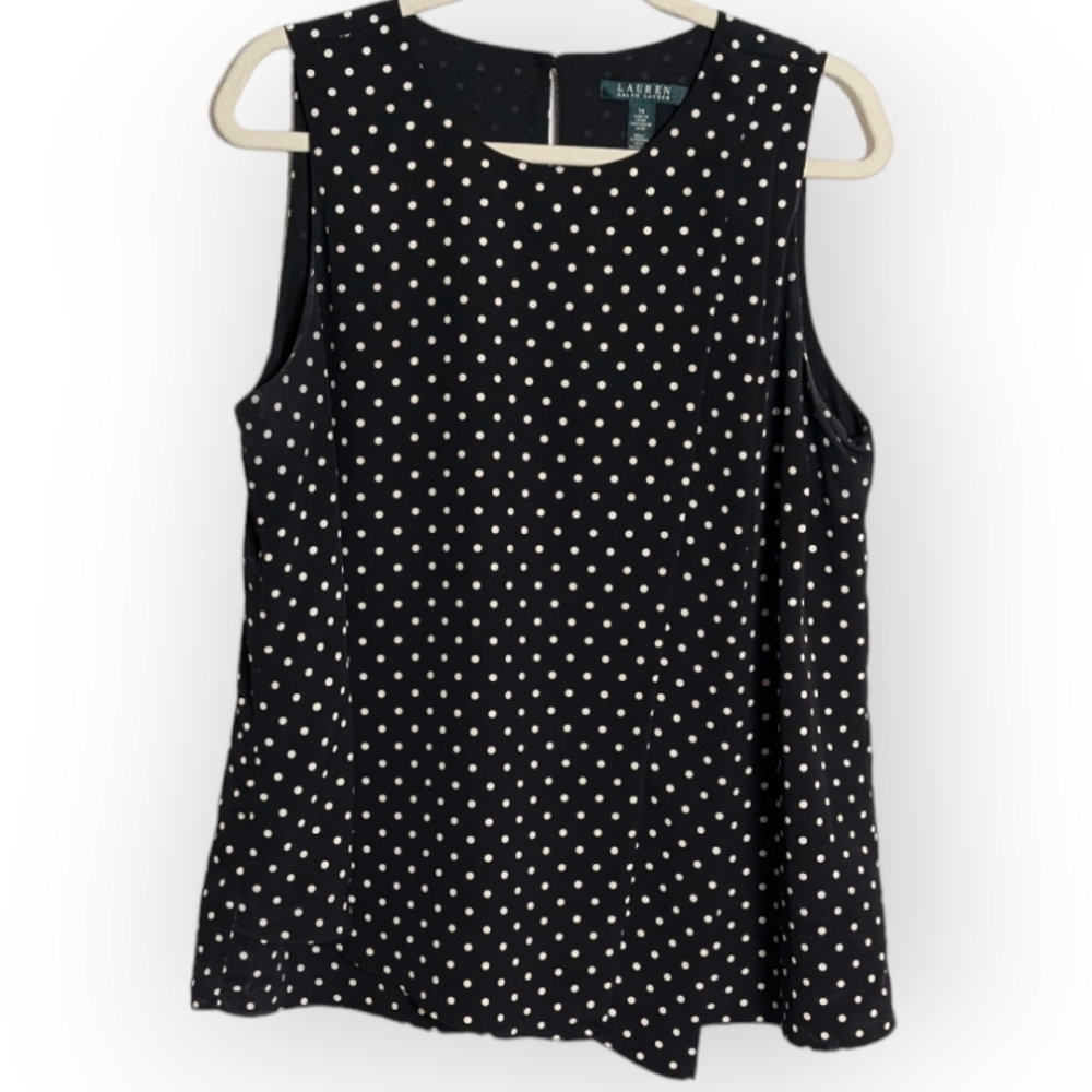 Lauren Ralph Lauren Sleeveless Dressy Black White Polkadot Tank Top Blouse 14 XL